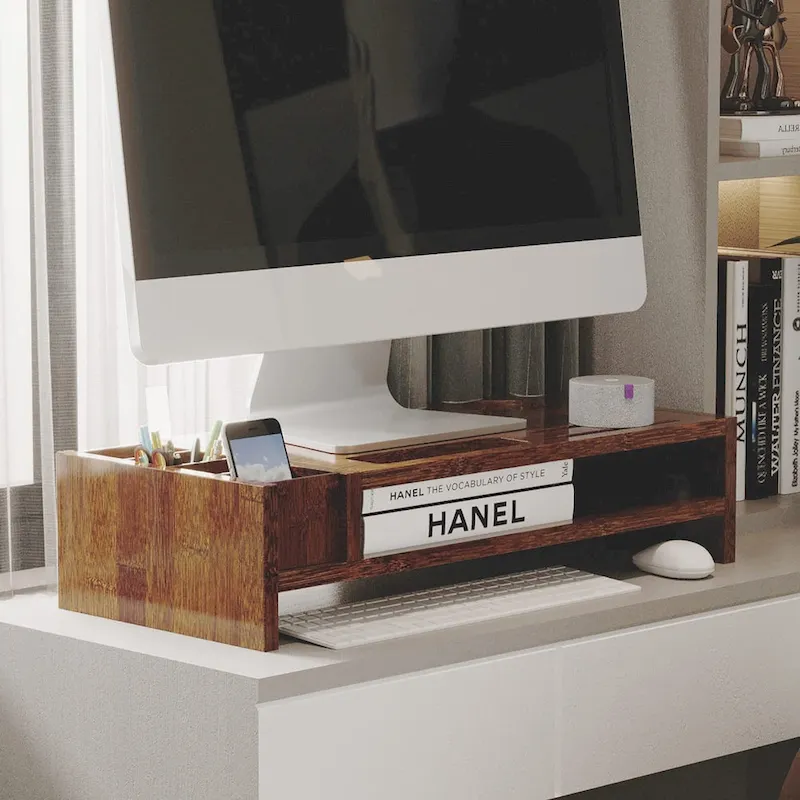 Wood Computer Monitor Stand Desktop Organizer with Drawer