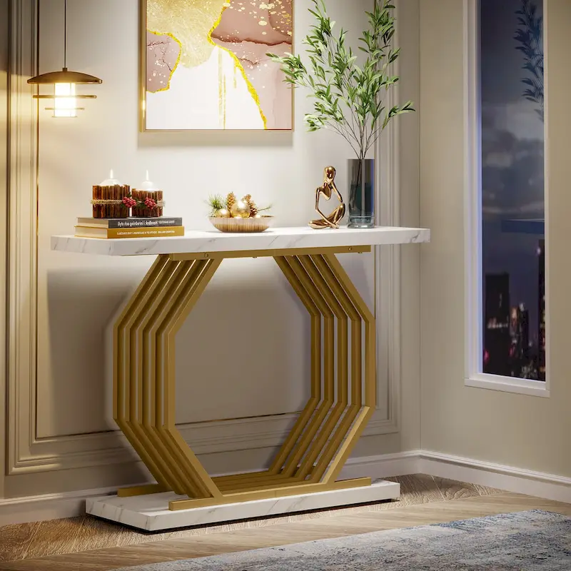 39.37  Gold Console Table, Modern White Marble Sofa Table with Geometric Metal Base