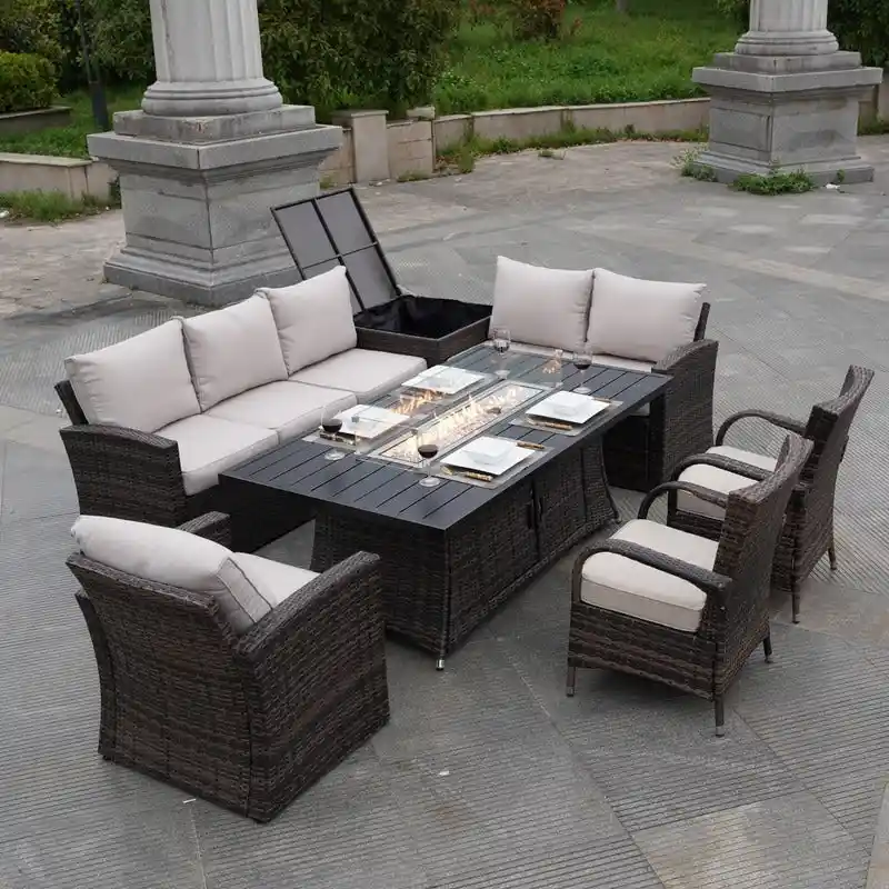 Patio Rattan Sofa Set with Alum Dining Table and Chairs