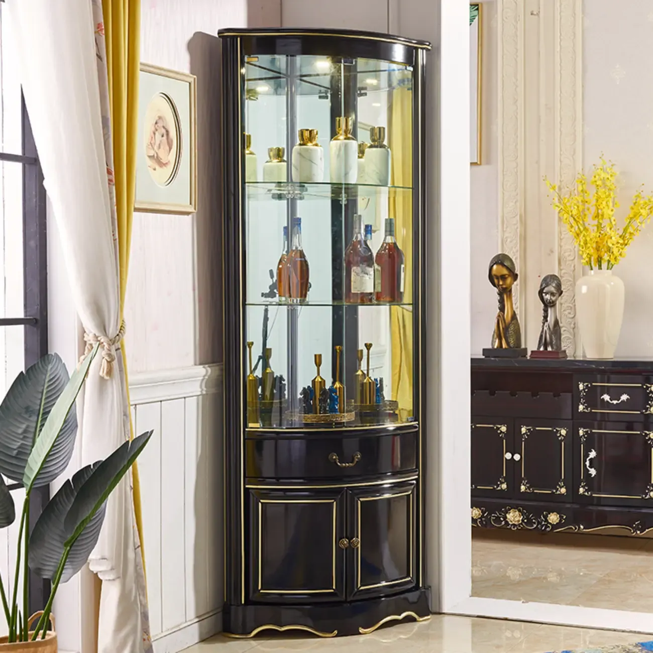 Tall Antique Black Corner Cabinet for Living Room Decor
