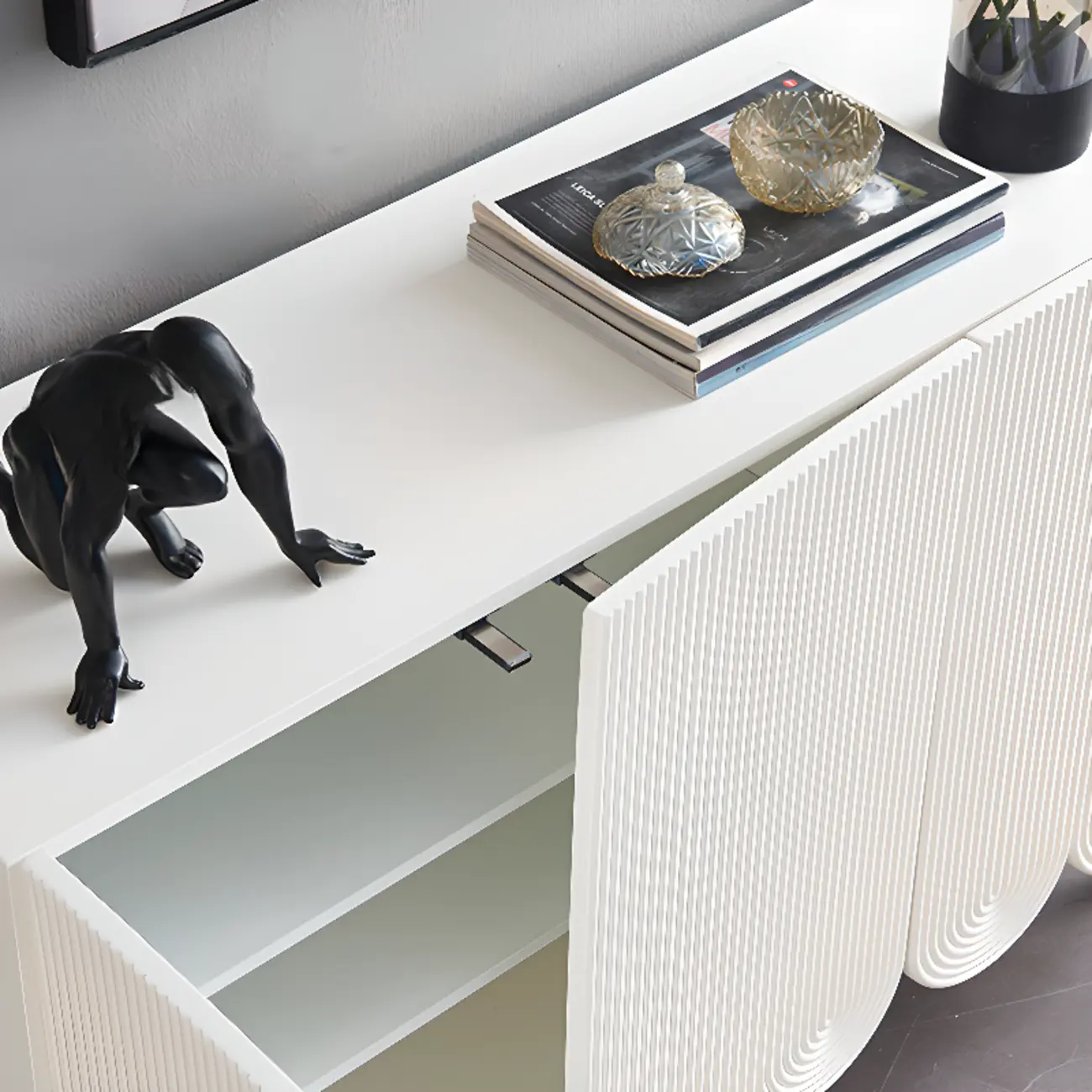 Modern White Wood Scalloped Adjustable Shelves Cabinet