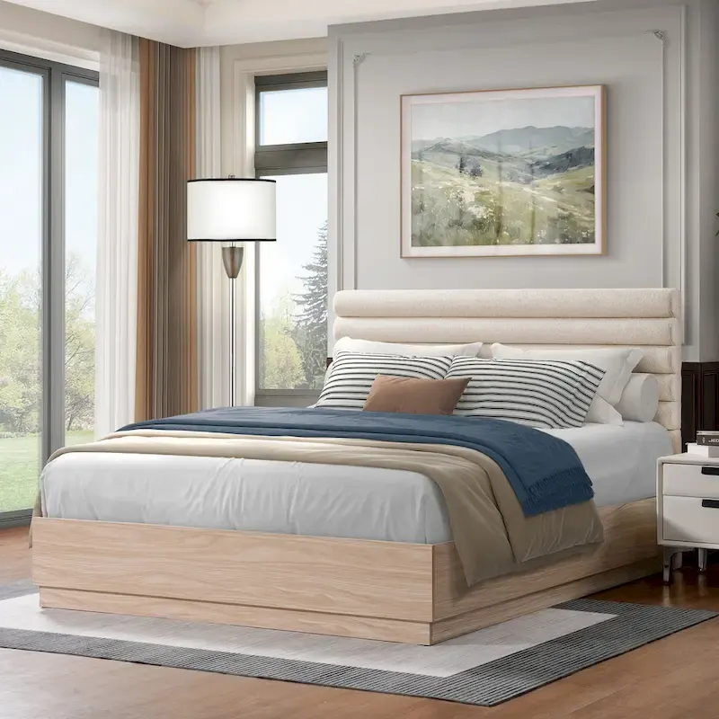 Queen Platform Bed Frame with Boucle Upholstered Headboard and Rubberwood Frame – Taupe / Natural, for 1–2 People