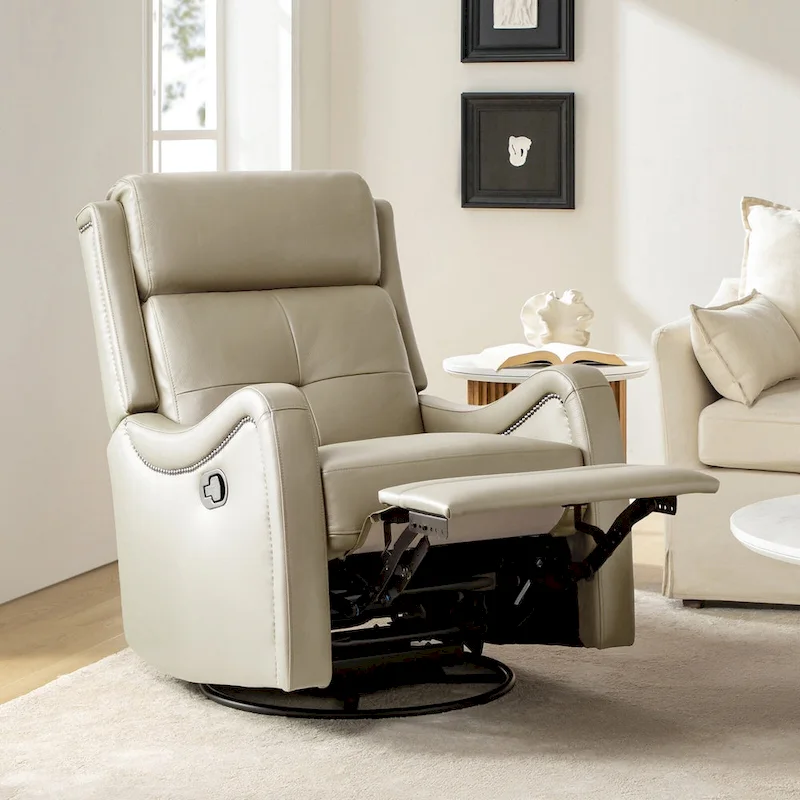 FrancoModern Genuine Leather Swivel Rocker Recliner with Nailhead Trims by HULALA HOME