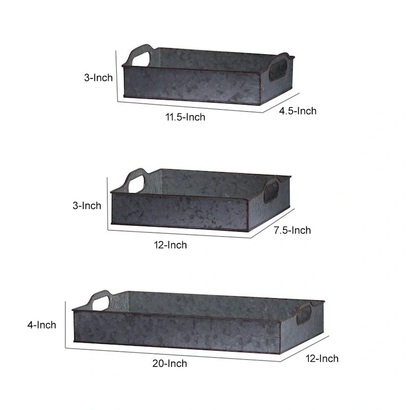12, 12, 20 Inch Set of 3 Nesting Trays, Rectangular, Galvanized Gray Iron
