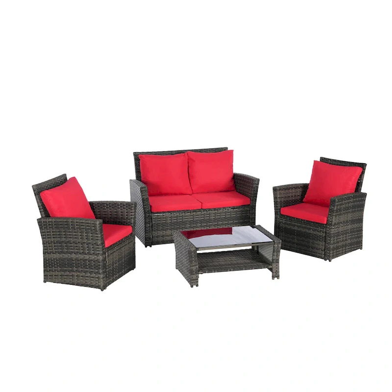 4-Piece Rattan Conversation Sofa Set with Glass Table