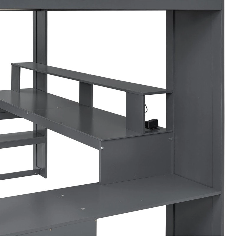 Wood Full Size Gaming Loft Bed with Desk, Multi-storage Shelves, LED and Charging Station, Dark Gray