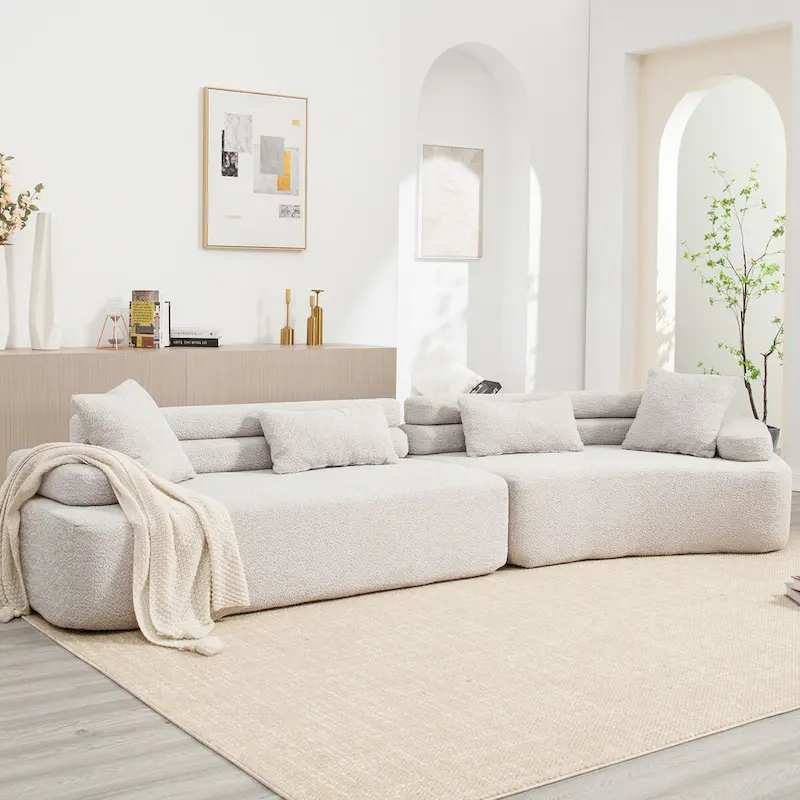 Modern Boucle 4-Seater Upholstered Sectional Sofa with 4 Pillows
