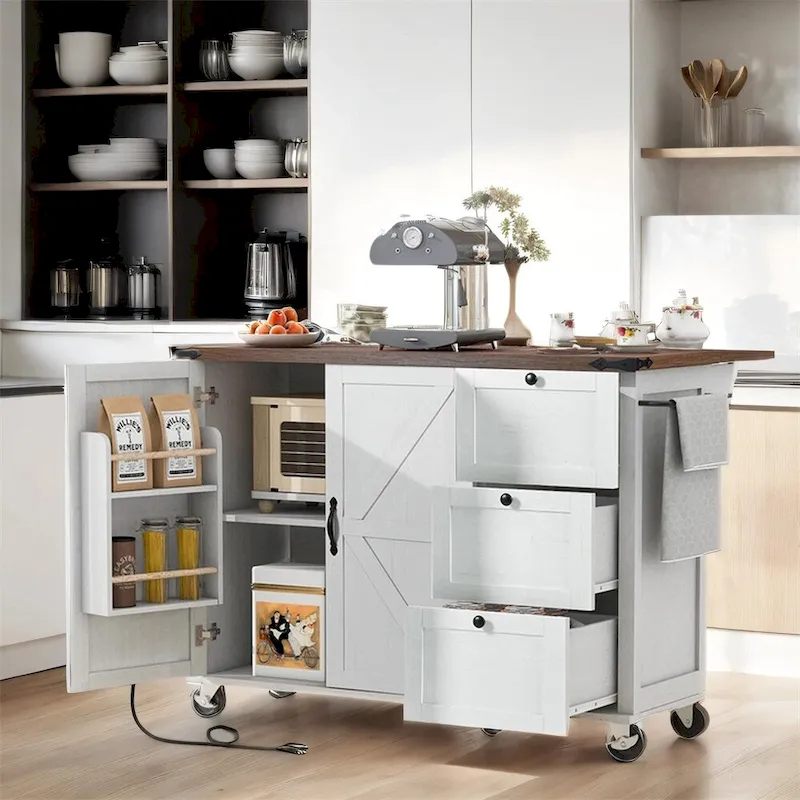 54.5Wood Rolling Kitchen Island w/ Power Outlet,Internal Storage Rack