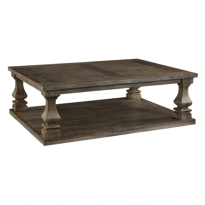 Classic 54 Inch Coffee Table, Baluster Legs, Spacious Top, Weathered Gray