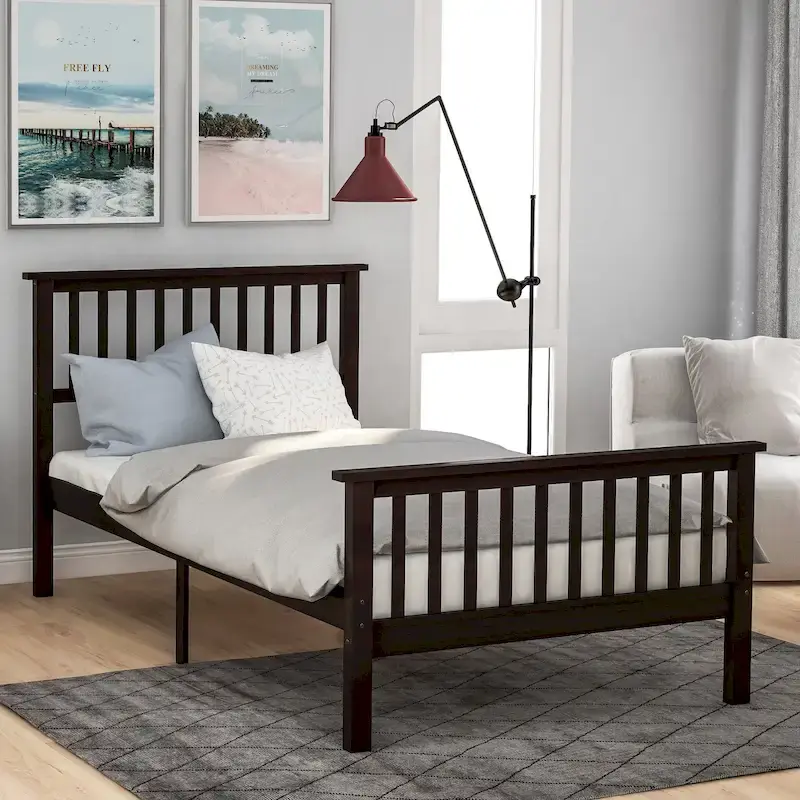 Wood Platform Bed with Open-slatted Headboard and Footboard