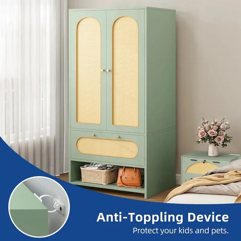 Moasis 70 Rattan Armoire Bedroom Wardrobe with Drawer & Hanging Rod
