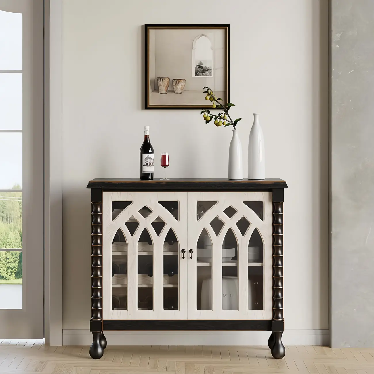 Traditional Black MDF Wine Rack Cabinet with Doors