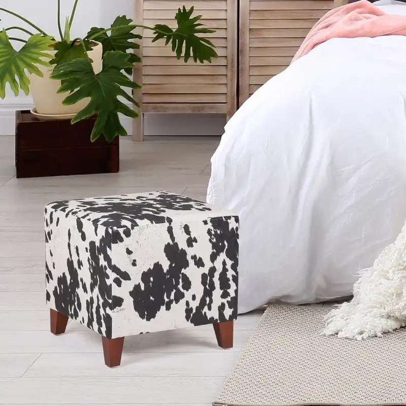 Adeco British Style Cow Print Cube Ottoman Home Bench Classy Footstool
