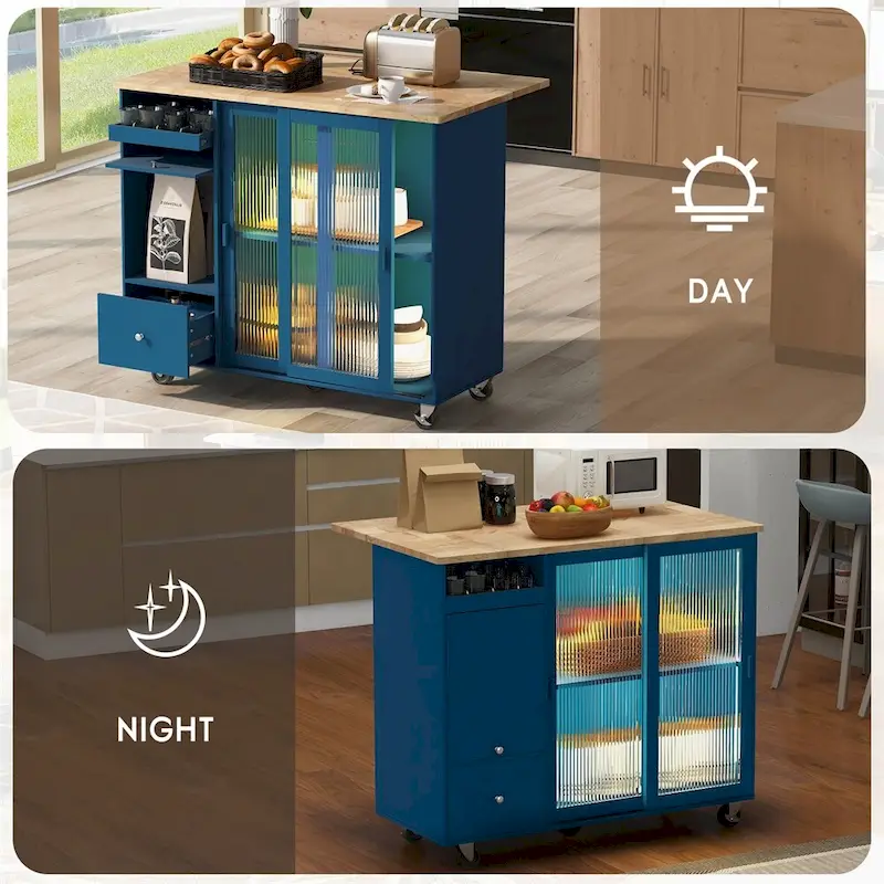 Kitchen Island with Drop Leaf,LED Light Kitchen Cart on Wheels