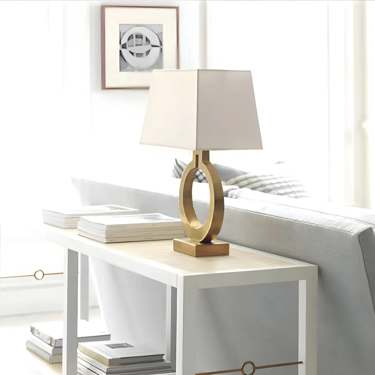 Gold Ring LED Table Lamp Square Base & Rectangle Shade