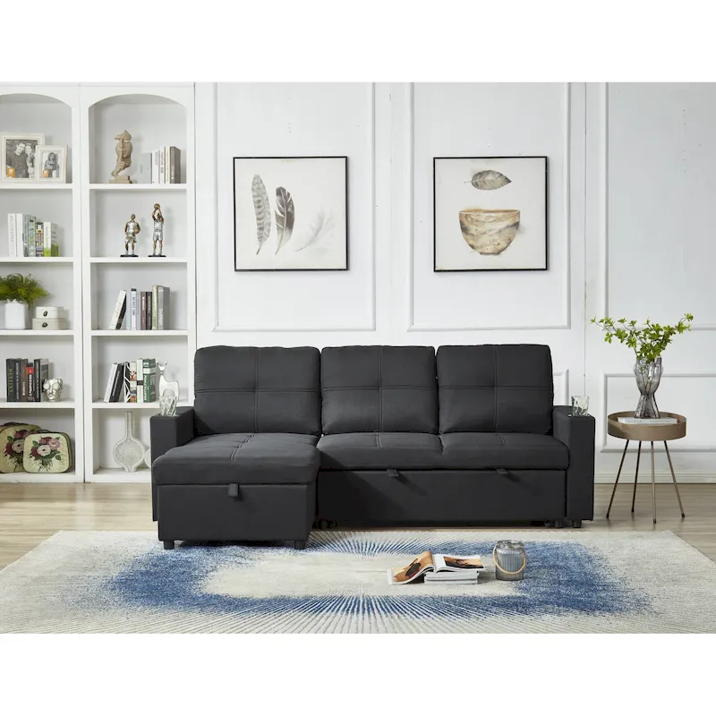 Linen Sectional Sofa Reversible Chaise with Pull out Sleeper