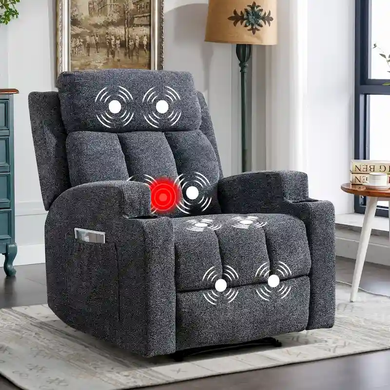 Manual Recliner Massage and Heating Chair Sofa with 2 Cup Holders Breathable Fabric