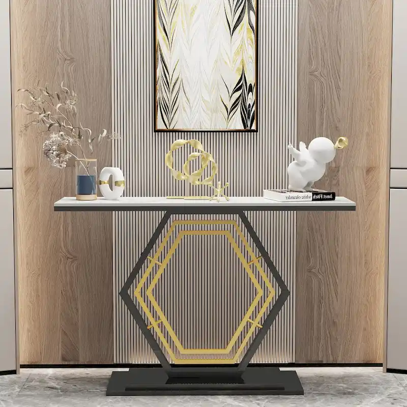Sintered Stone Console Table with Geometric Base Sofa Table - 47.2x11.8x30.7 inch
