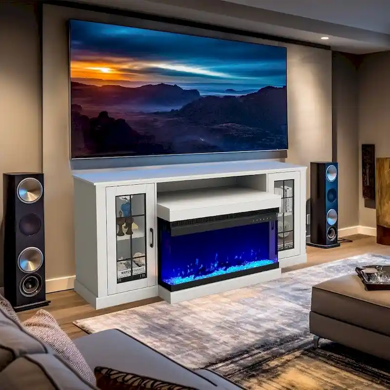 Erommy Adjustable Glass Shelves Entertainment Center with Electric Fireplace in Fireplace TV Stand