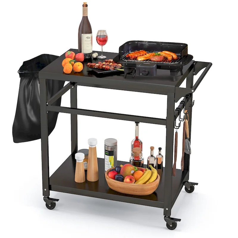 Outdoor Grill Cart Pizza Oven Stand w/ Shelf Hooks Lockable