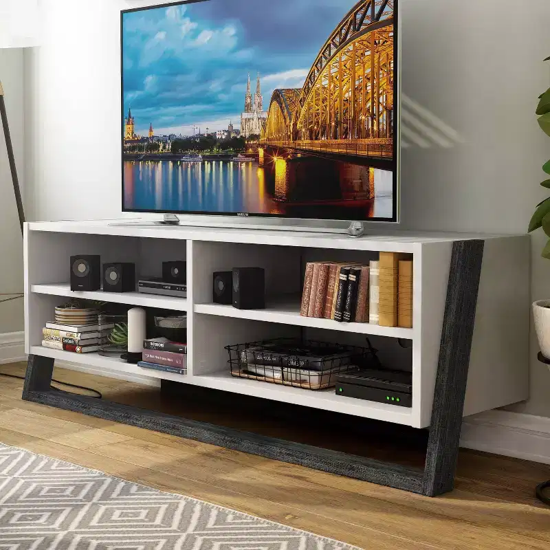 miBasics Large Etteridge 4 Shelf TV Stand for TVs up to 68" Gray: Transitional Style, Two-Tone Finish, Metal Hardware
