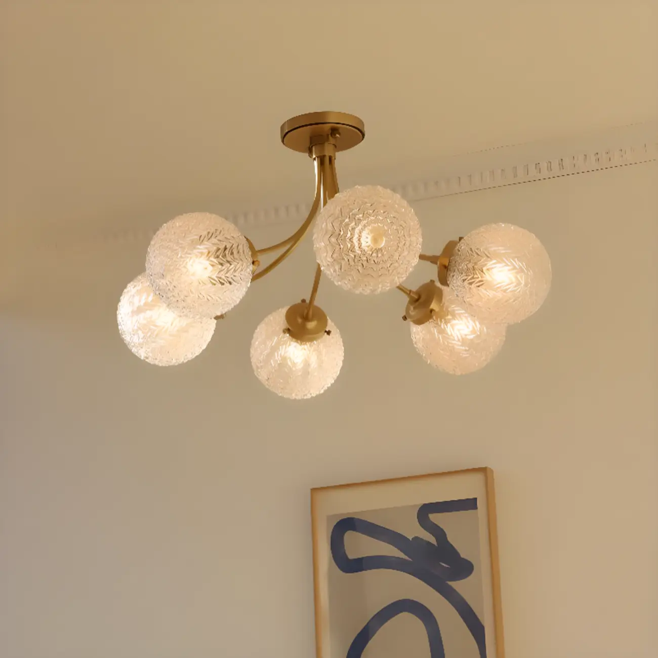 Elegant 6-Light Globe Glass Golden Semi Flush Ceiling Light