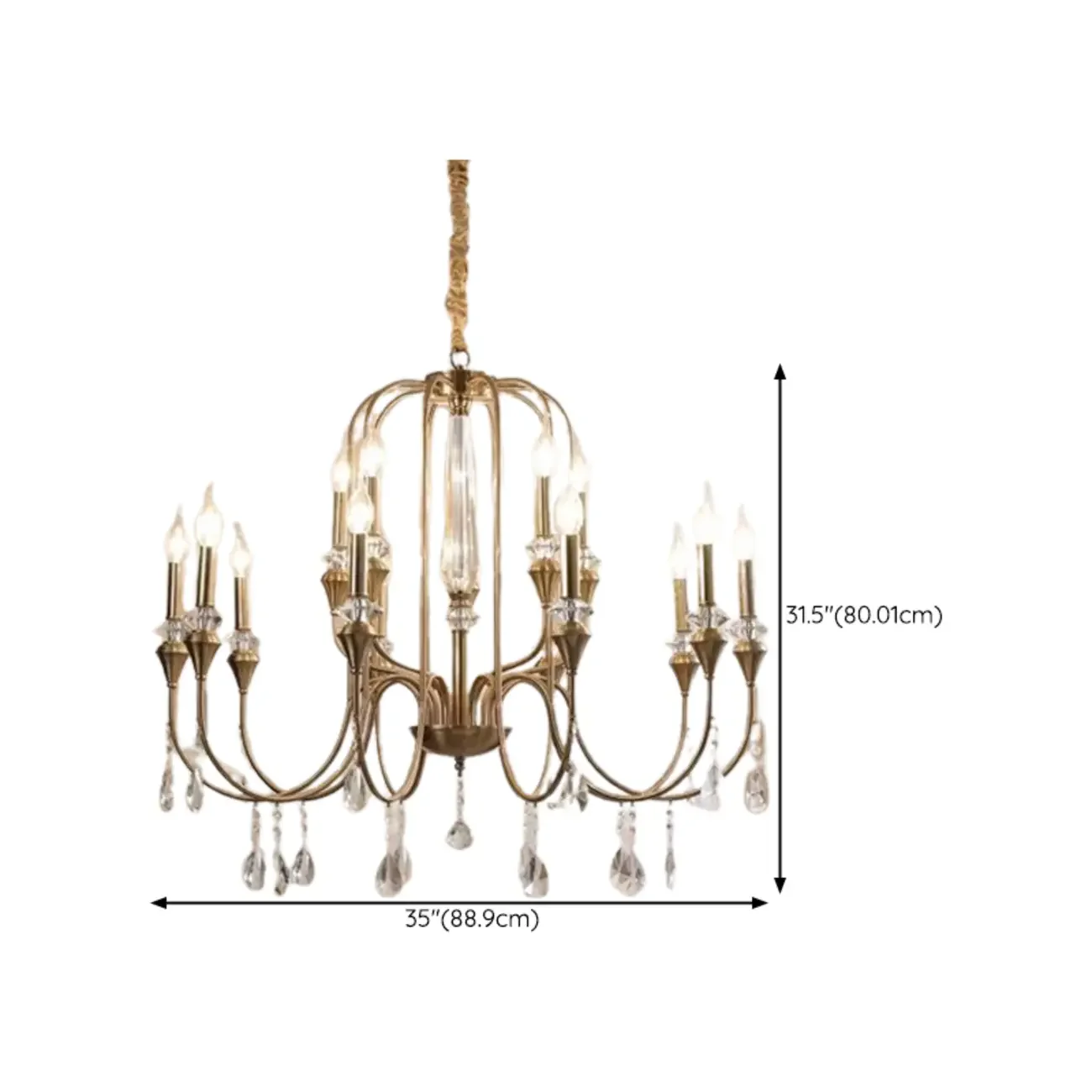 Metallic Alloy Hanging Gold Adjustable Crystal Chandelier