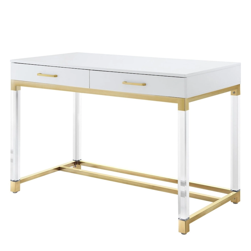 HomeRoots 48 White Clear and Gold Wood Acrylic and Stainless Steel Writing Desk With Two Drawers