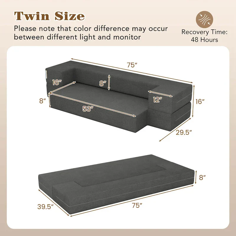 8-Inch Folding Sofa Bed with High-Density Foam & Washable Cover