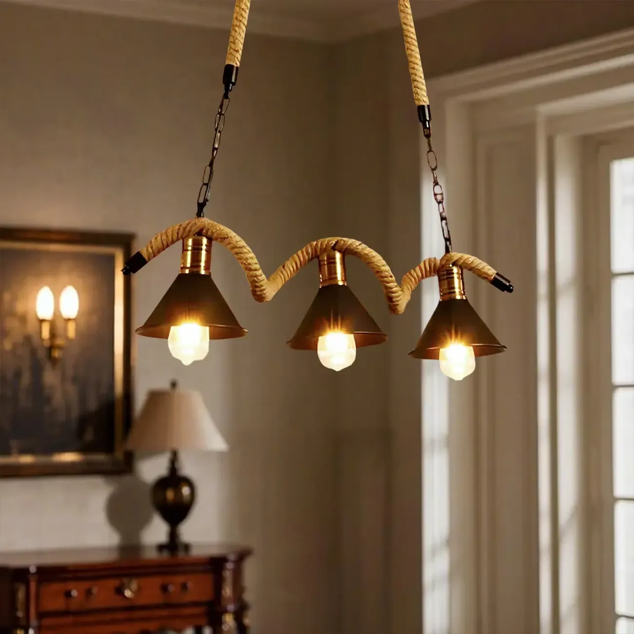 Industrial Metal Hemp Rope Pendant Light