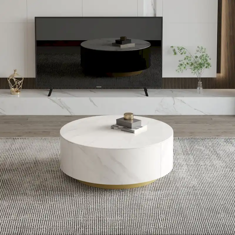 Faux Marble Top Round Modern Coffee Table with 2 Drawers