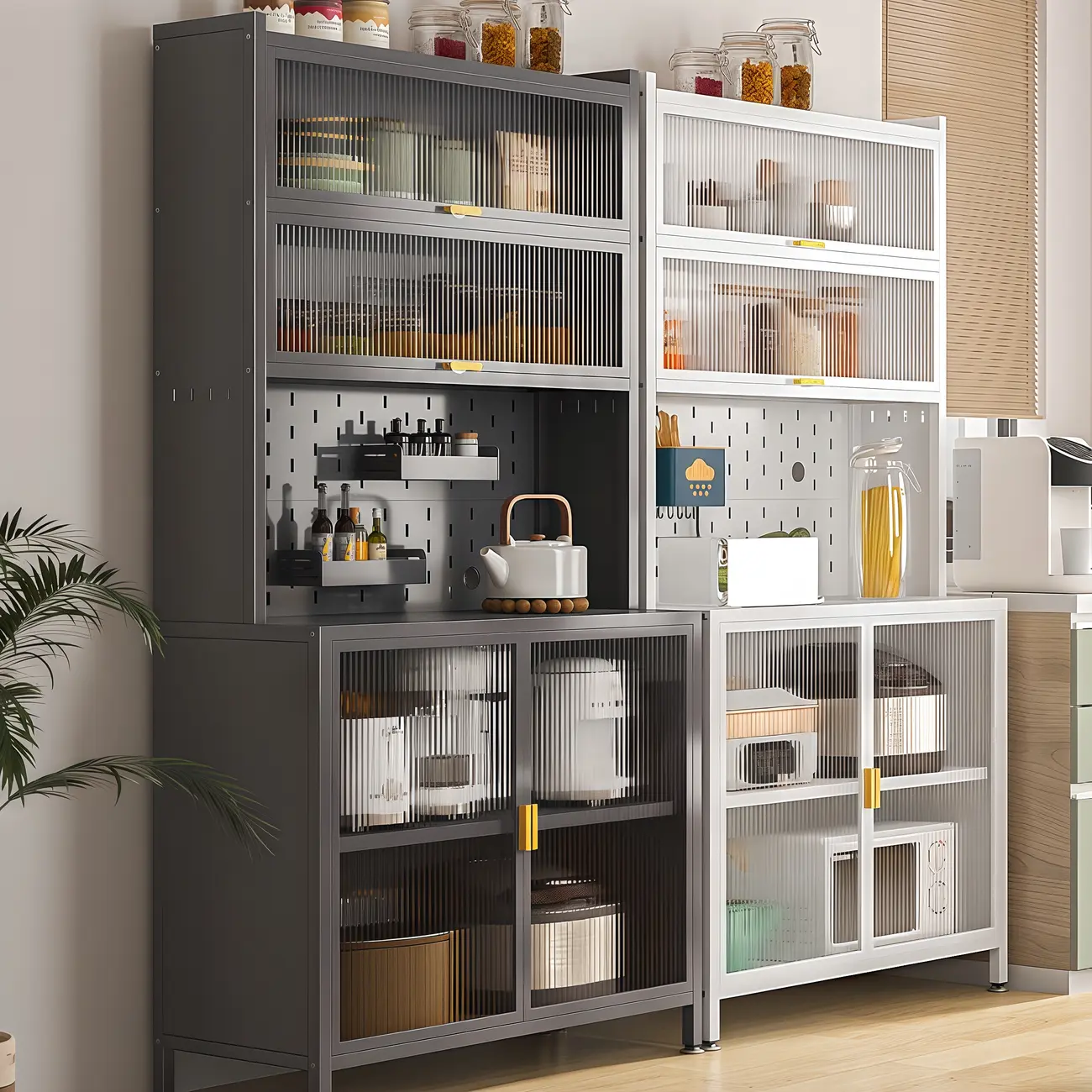 Modern Steel Multi-Shelf Sideboard with Pegboard Back