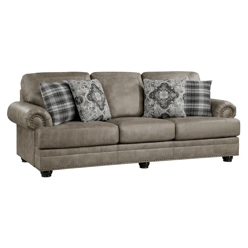 Jade 98 Inch Sofa, Taupe Brown Microfiber, 4 Pillows, Soft Cushions, Wood