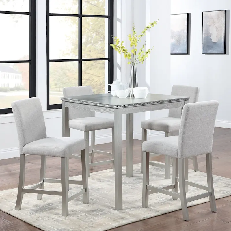 5 Piece Counter Height Table Set, Wooden Kitchen Table Set with Square Table and 4 Upholstered Chairs