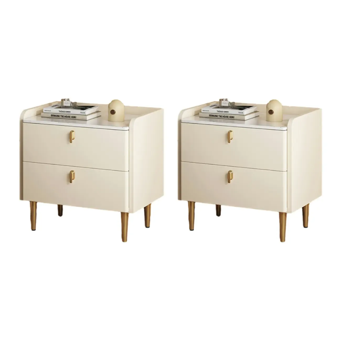 Modern Leather Stone Top Gold Accents 2-Drawer Nightstand