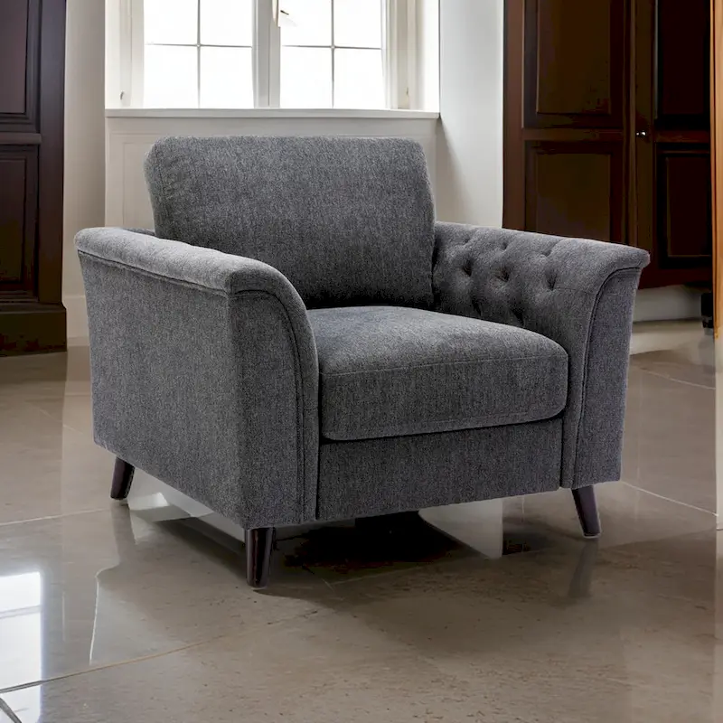 Sen 37 Inch Accent Sofa Chair, Tufted Arms, Padded, Gray Linen, Solid Wood