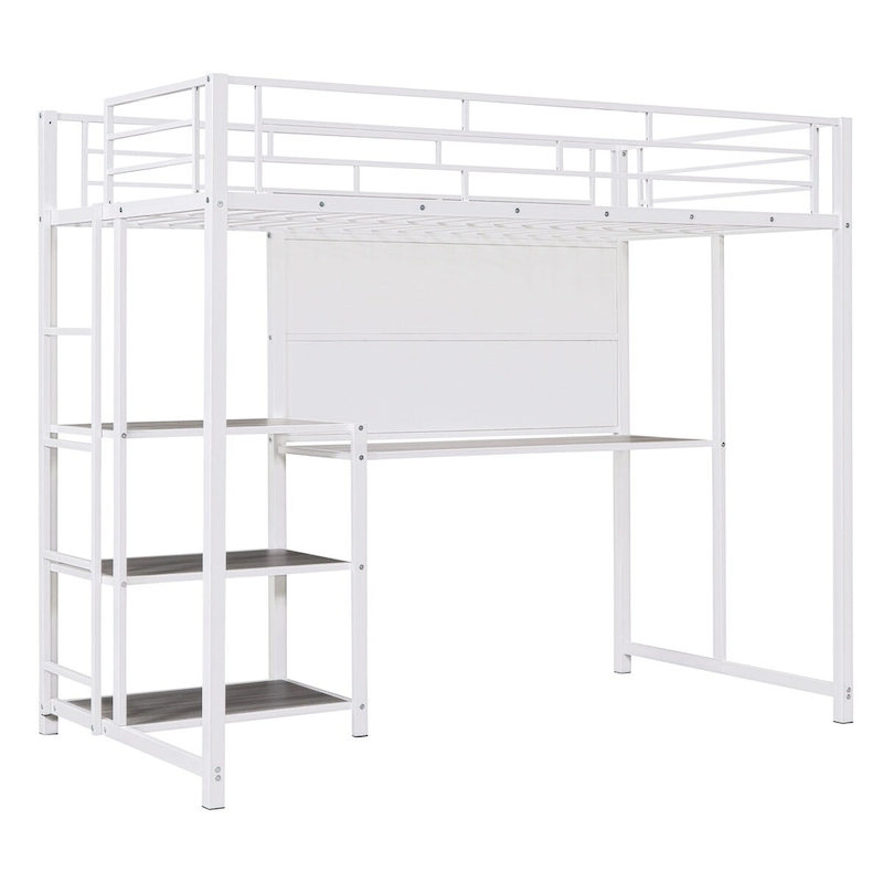 White Metal Loft Bed with Desk, Whiteboard, and 3 Shelves, Includes Ladder