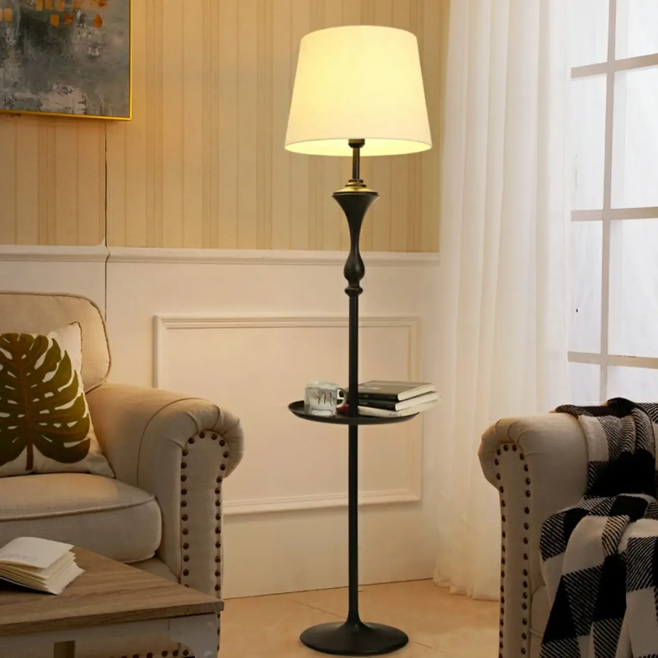 Modern Black Metal Table Floor Lamp with Beige Fabric Shade