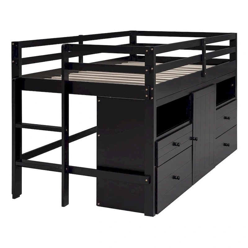 Espresso Twin Solid Wood Loft Bed with Drawers & Cabinet