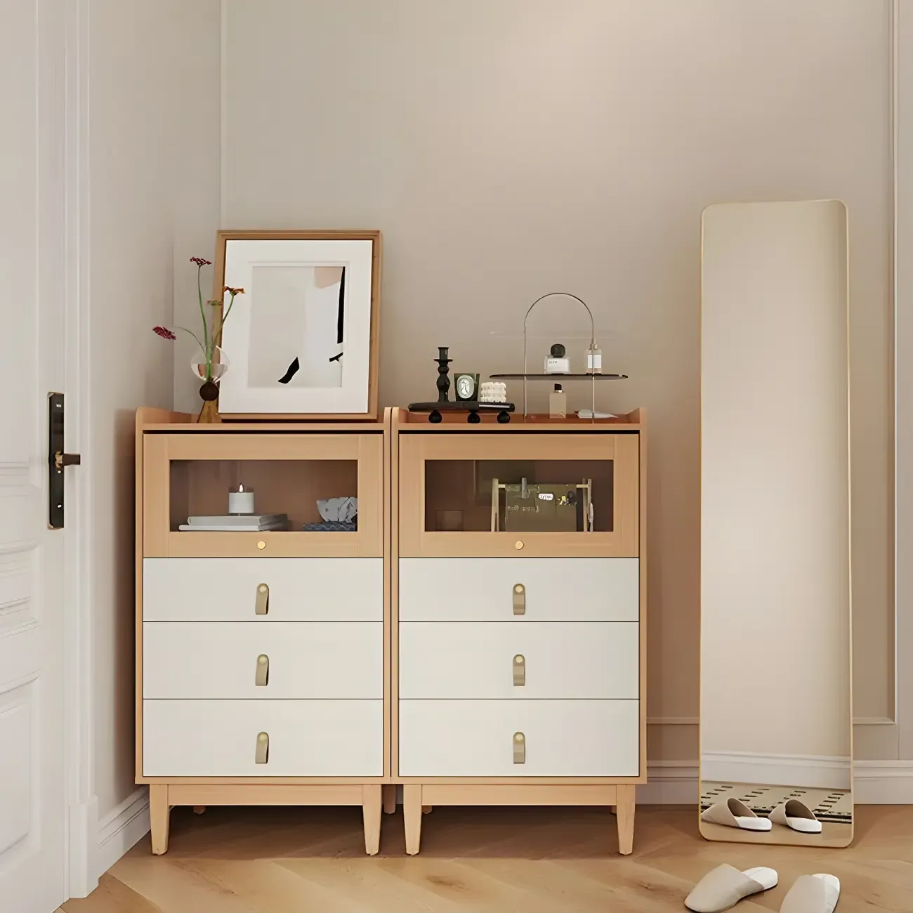 Durable Natural Finish Light Wood and Glass Drawers Dresser