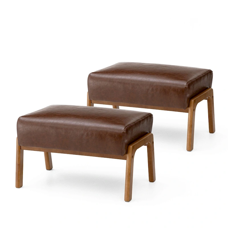 Glitzhome Set of 2 Mid-century Leatherette Ottoman Accent Stools