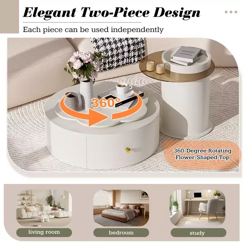 360 Rotatable Coffee Table Round Nesting Coffee Table with Flower Top & 2 Drawers, Accent Table Cocktail Table End Table Side Table-ModernLuxe