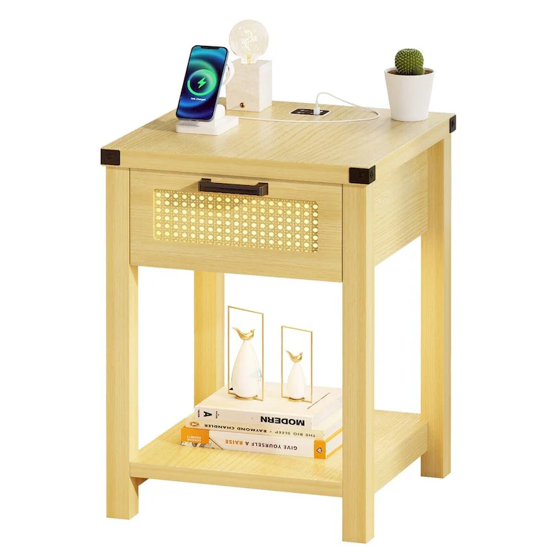 End Table - LED Light, USB & Type-C Charging, Motion Sensor, Rattan Drawer, Farmhouse, 150 lbs