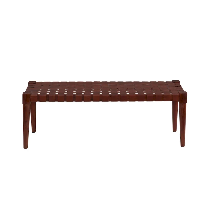 Harness Cognac Brown Woven Genuine Leather and Solid Wood Accent Bench