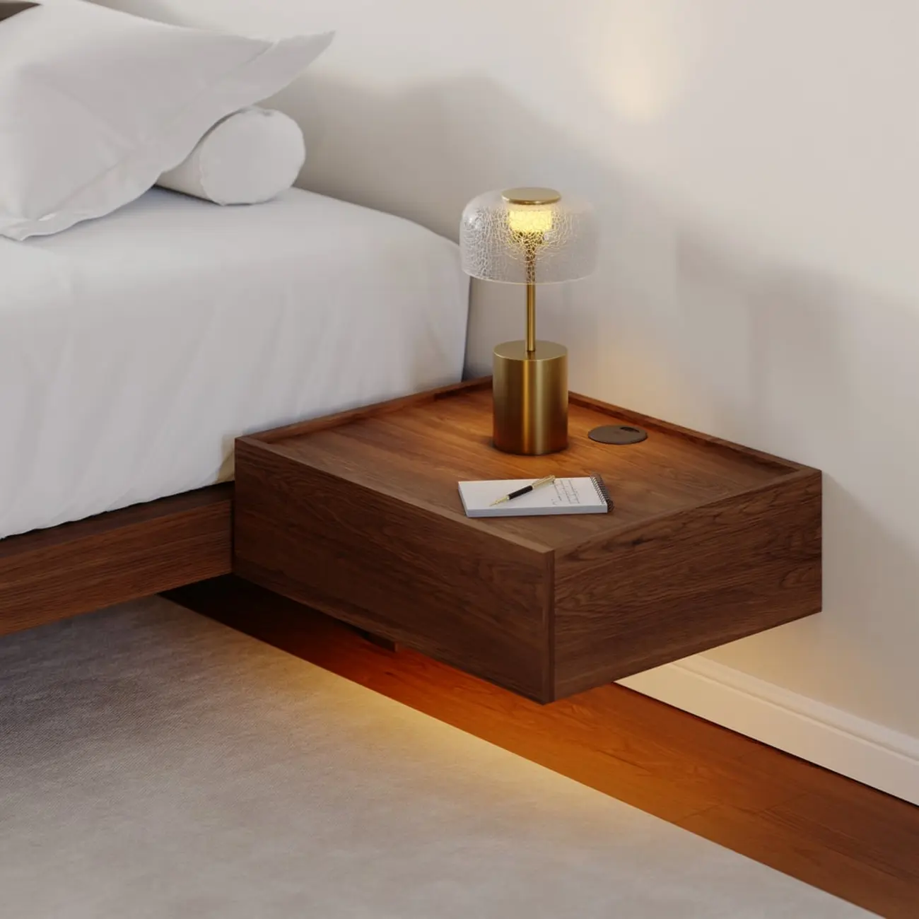 LED Wireless Charging Walnut Floating Nightstand Set of 2