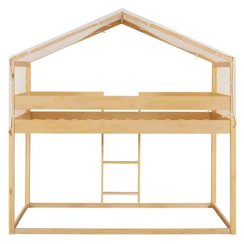 CLIHOME Rustic Twin Over Twin Wood Bunk Bed Frame with Tent and Ladder
