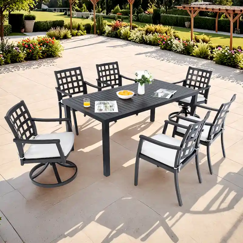 Modern Classic 7PC Outdoor Patio Dining Set,a Rectangular Table,Six Chairs (4 Stationary, 2 Swivel Rockers)