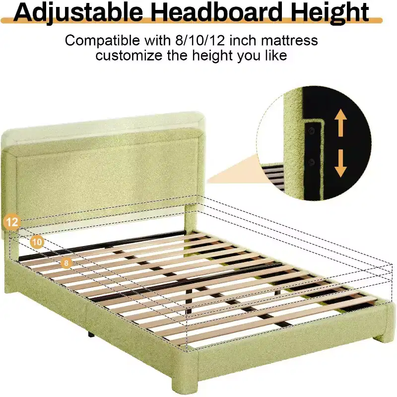 Dyonery Boucle Bed Frame,Black Upholstered Teddy Fabric Bed Frame with Headboard,No Box Spring Required, Adjustable Headboard, Easy Assembly