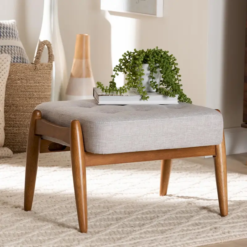 Jeanine Japandi Dark Grey Fabric and Walnut Brown Finished Wood Ottoman Footstool