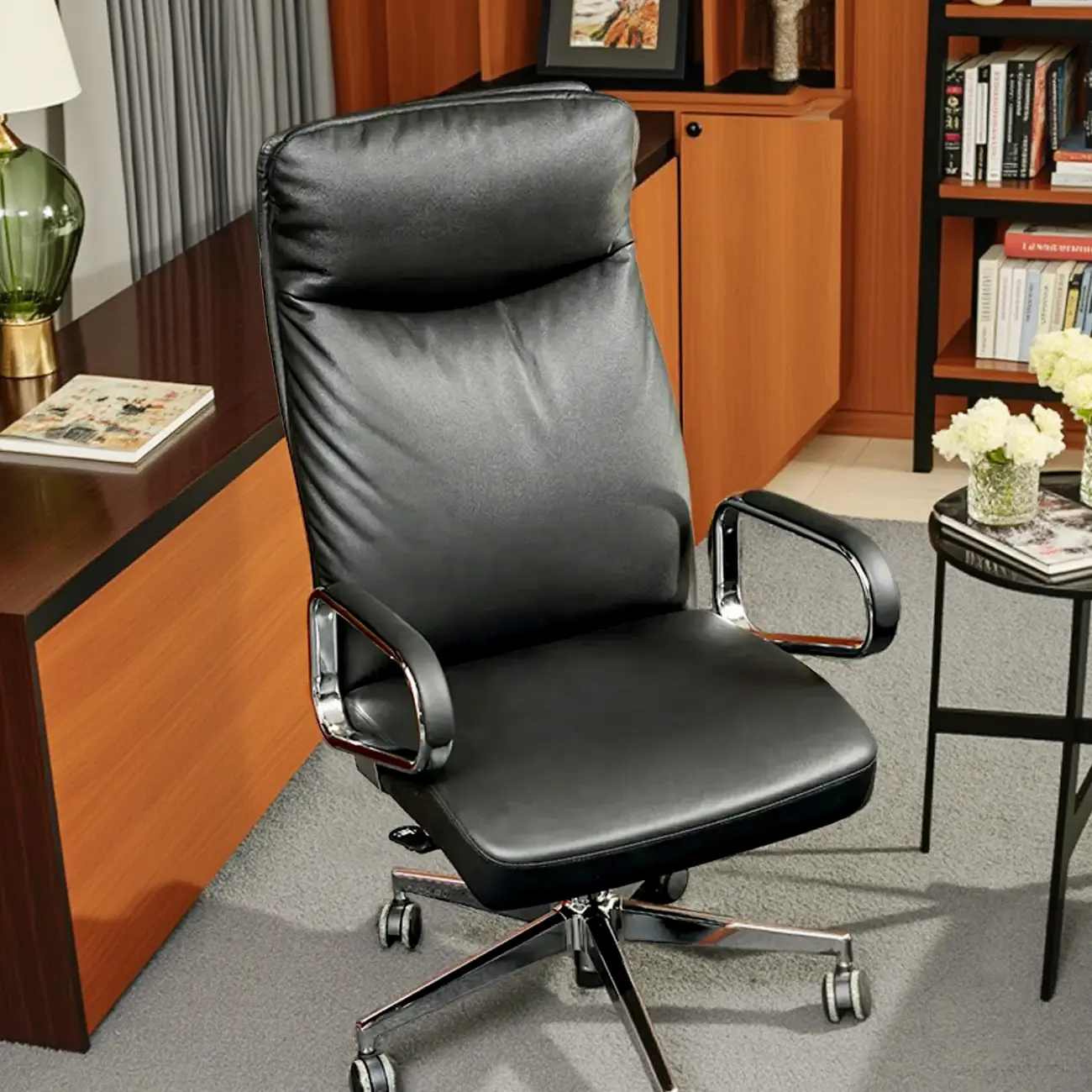 Modern Black Leather Upholstered Adjustable Swivel Office Chair
